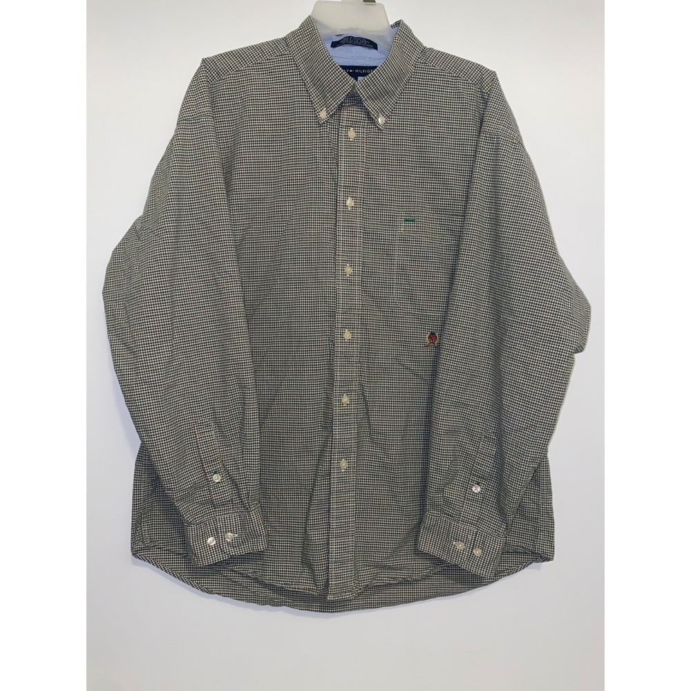 Vintage Tommy Hilfiger Mens XL Green Orange Micro Check Button Down Shirt Cotton